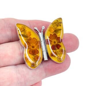 Estate Sterling Silver 925 Pressed Flower Butterfly Pendant